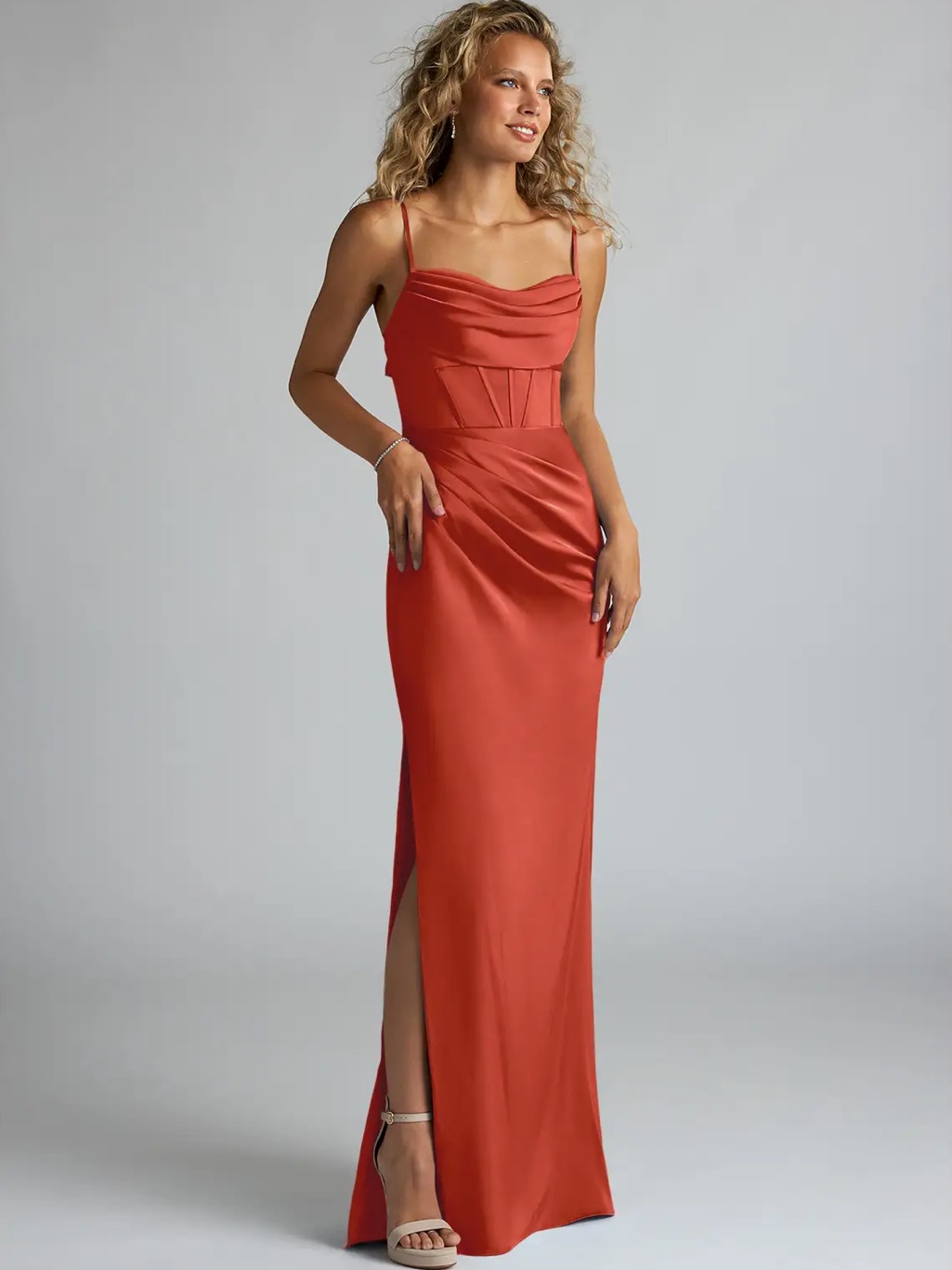 Azazie Mai Elegant Rust Sheath Pleated Satin Spaghetti-Strap Evening Dress